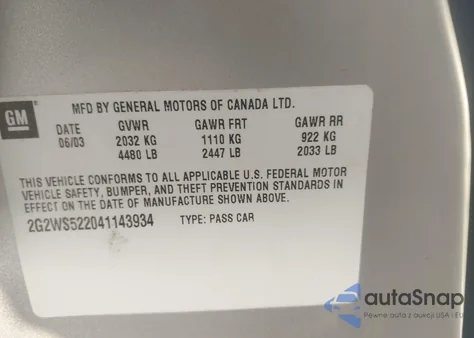 2004 Pontiac Grand Prix Gt2 from USA, damaged, VIN 2G2WS522041143934